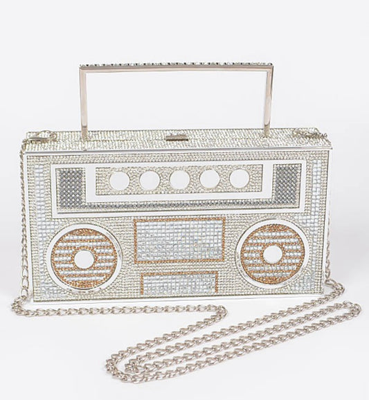 Retro Cassette Tape Radio Boombox Rhinestone  Clutch