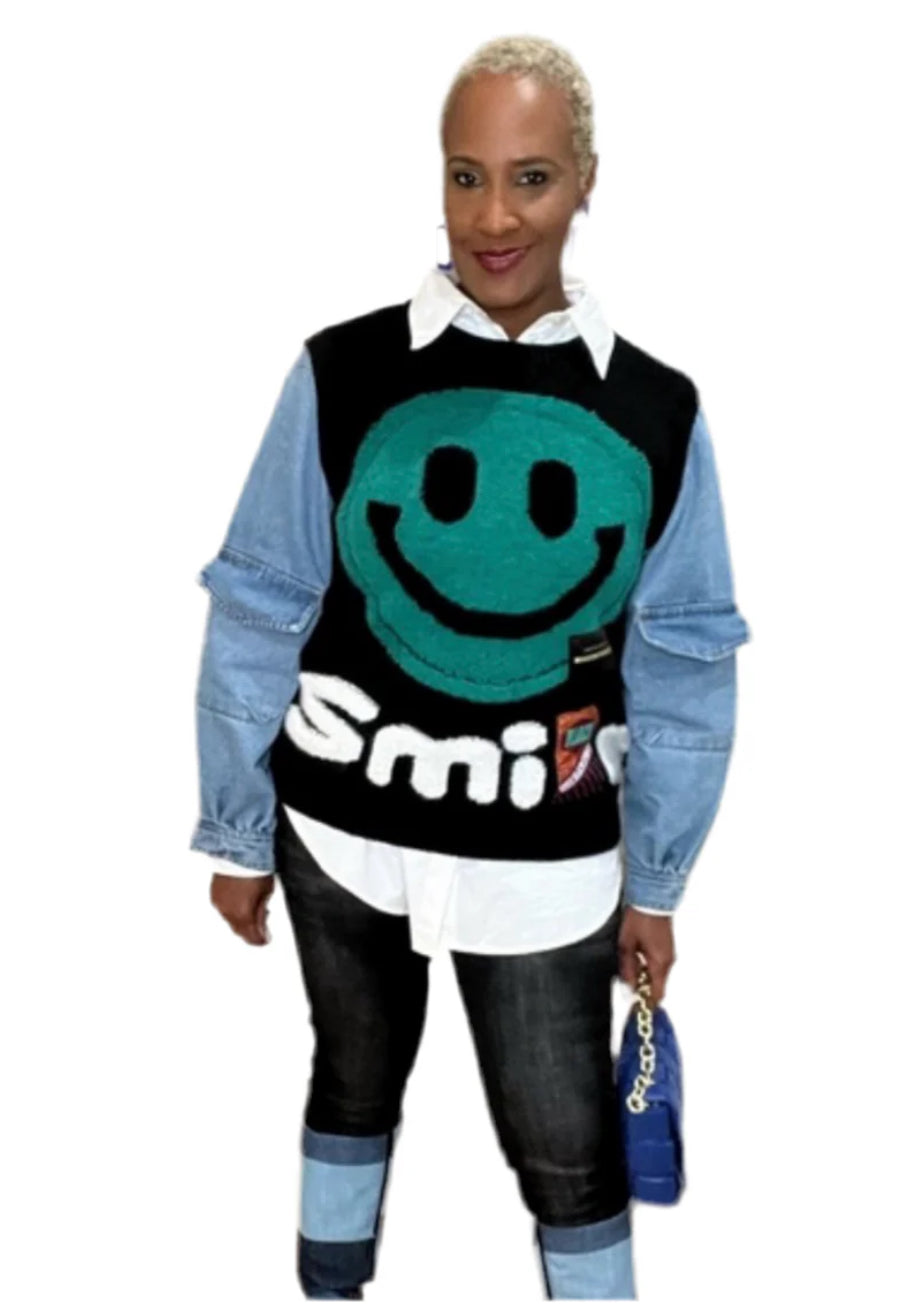 Positive Vibe Smiley Denim Mix Sweater