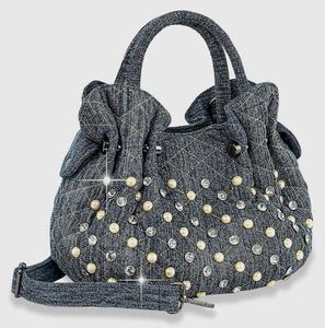 Washed Denim Gather Hand Tote Bag W/Stones