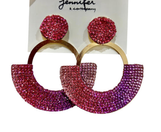 Rhinestone Paved Abstract Half Moon Earrings-Red