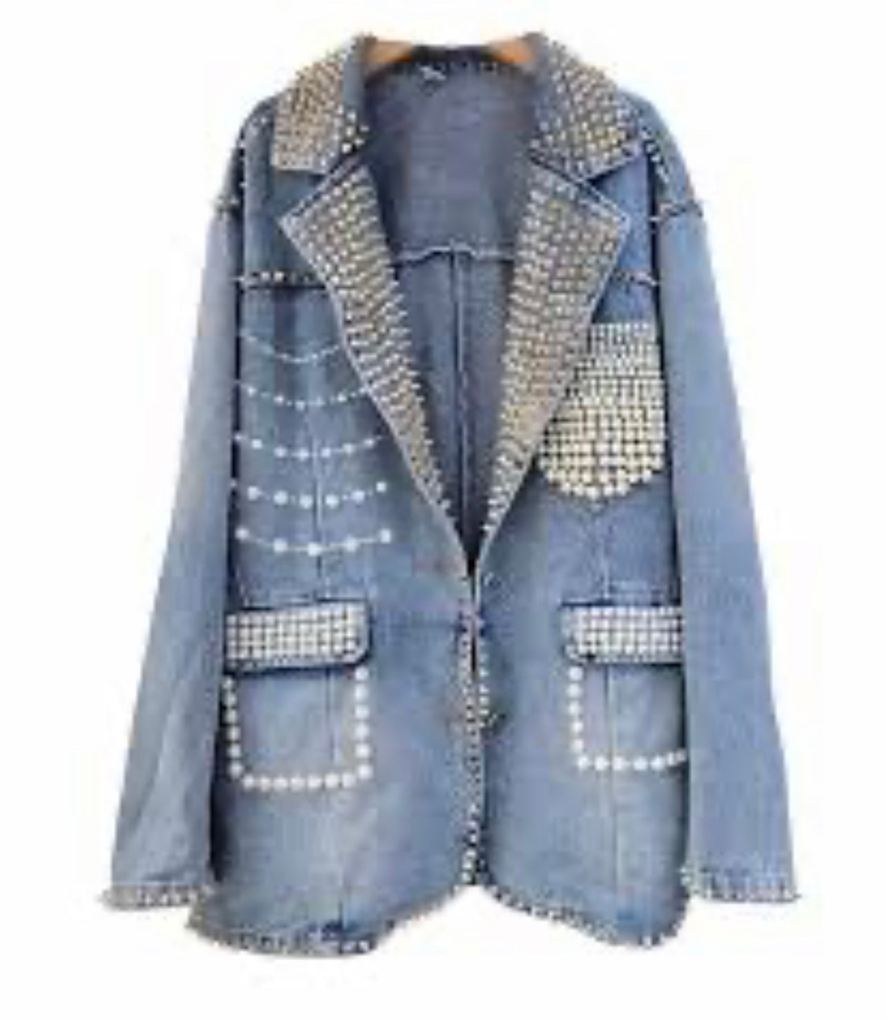 Demi Denim Pearls and Rhinestone Blazer