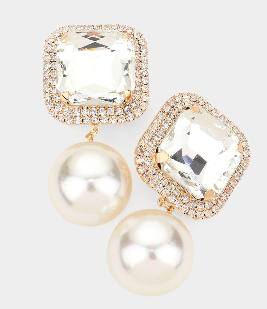 Square Stone Pearl Clip on Earrings