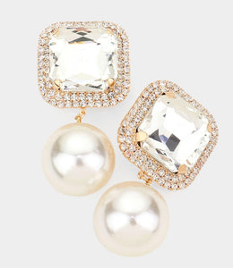 Square Stone Pearl Clip on Earrings