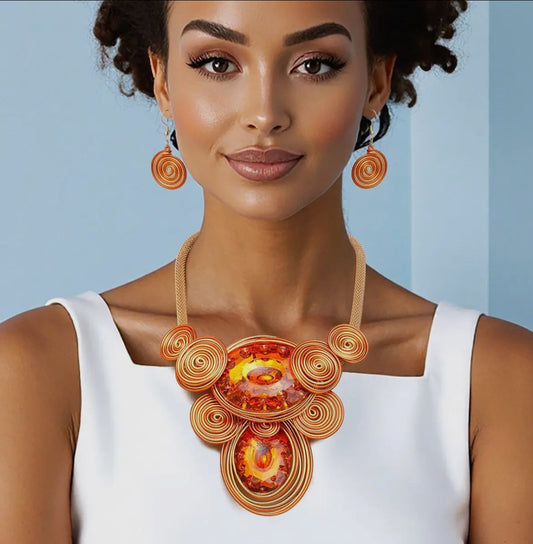 Orange Bold Double Oval Accented Metal Wire Statement Necklace_
