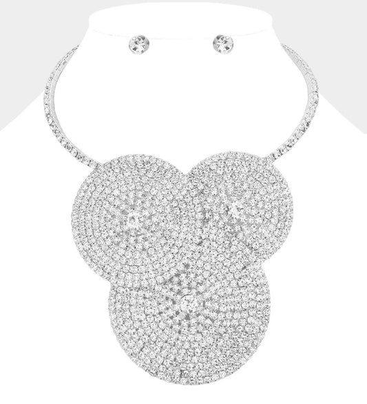 Silver Rhinestone Paved Triple Disc Pendant Choker Necklace