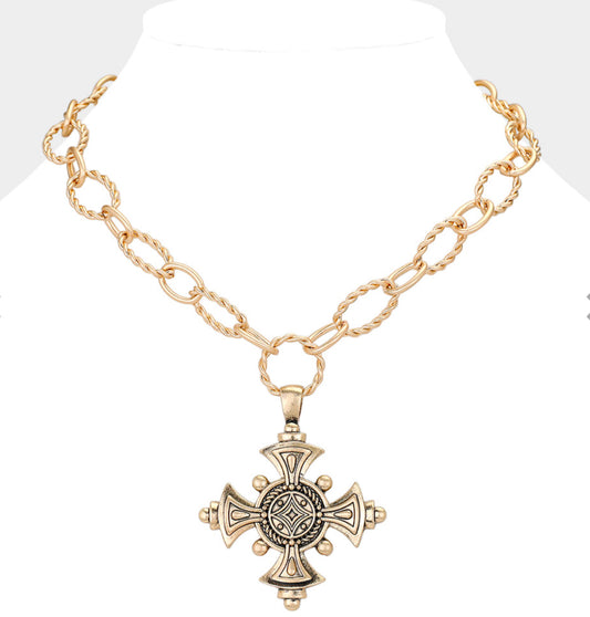 Chunky Metal Maltese Cross Pendant Necklace