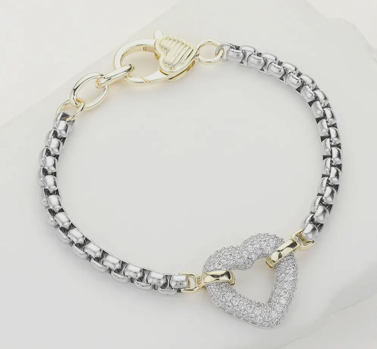 14K Gold Plated Two Tone Cz Stone Paved Open Heart Bracelet