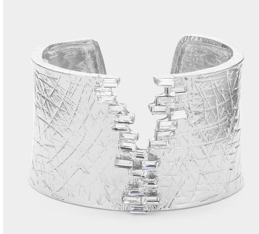 Silver Baguette Stone  Textured Cuff Bracelet