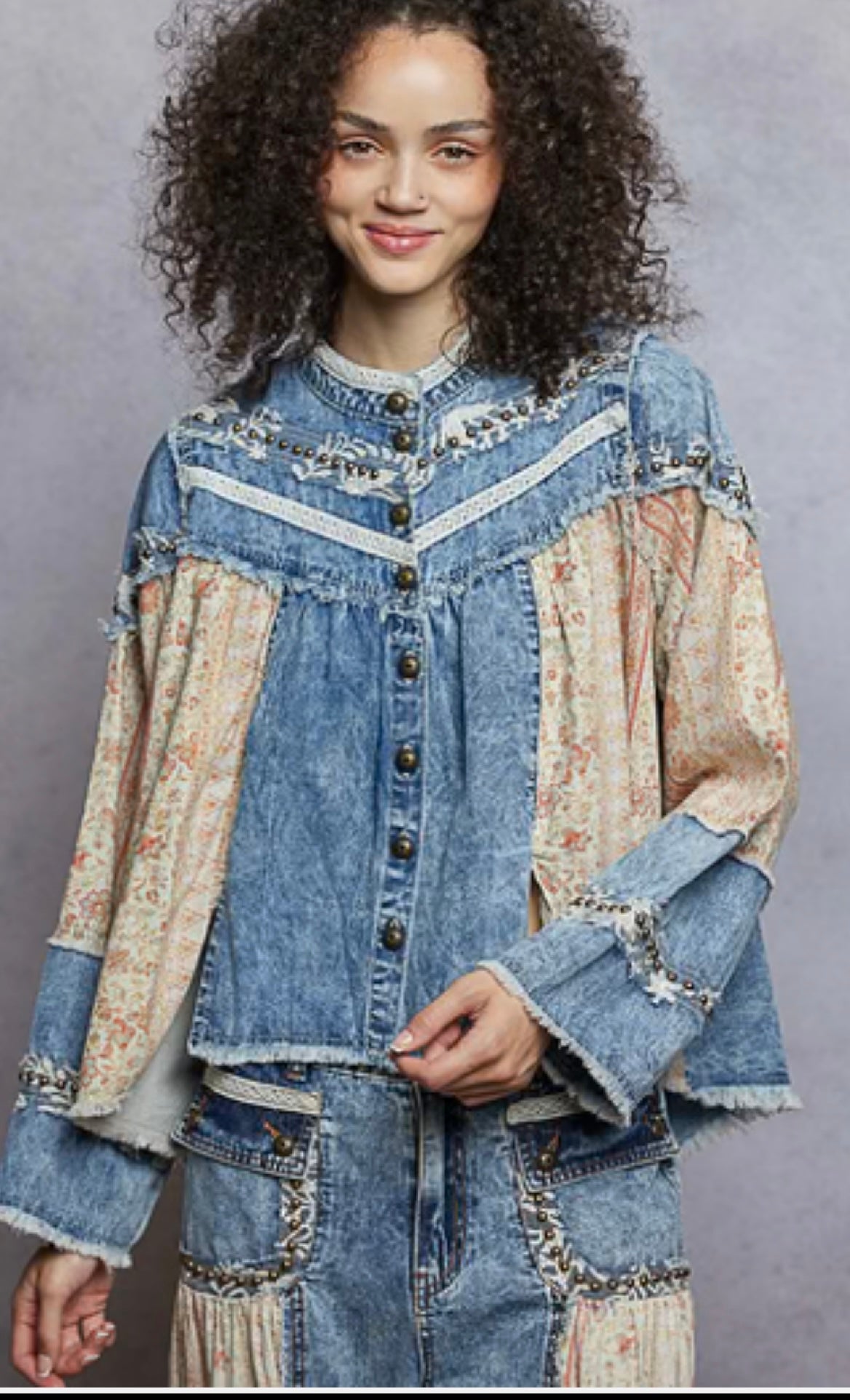 Paisley Denim and Floral Panel Studded and Lace Detailed Top