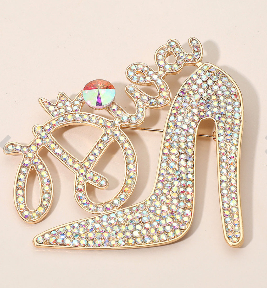 Diva Glamorous High Heel RhinestoneBrooch_ Gold AB