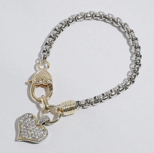 Two Tone CZ Stone Paved Heart Charm Pointed Bracelet