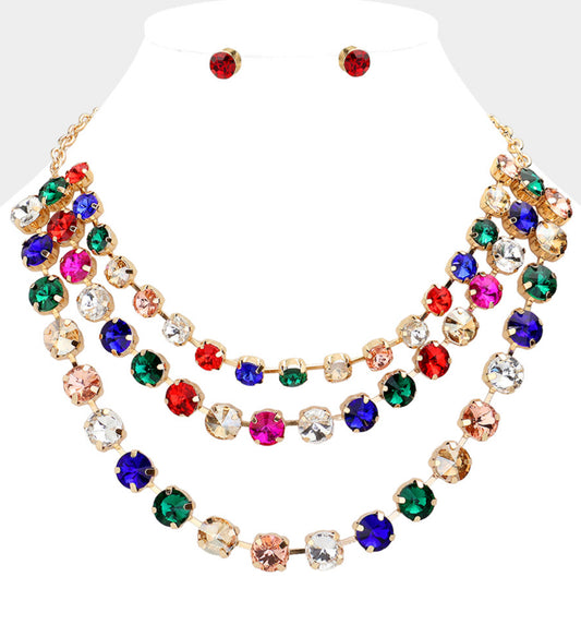 Multi Color Round Stone Triple Layered Bib Necklace