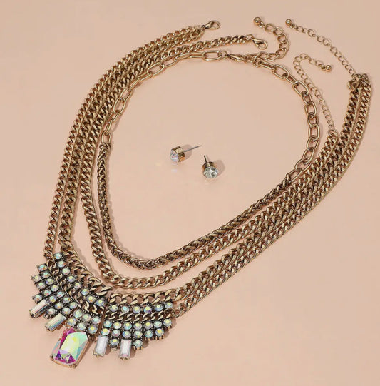Edgy with Touch of Class- Gold & Iridescent 3 Piece Necklace Set