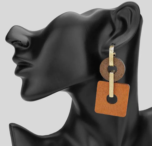 Wooden Square Round Earrings
