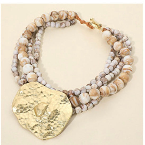 Bold Hammered Metal Plate Multi Resin Ball Beaded Statement Necklace