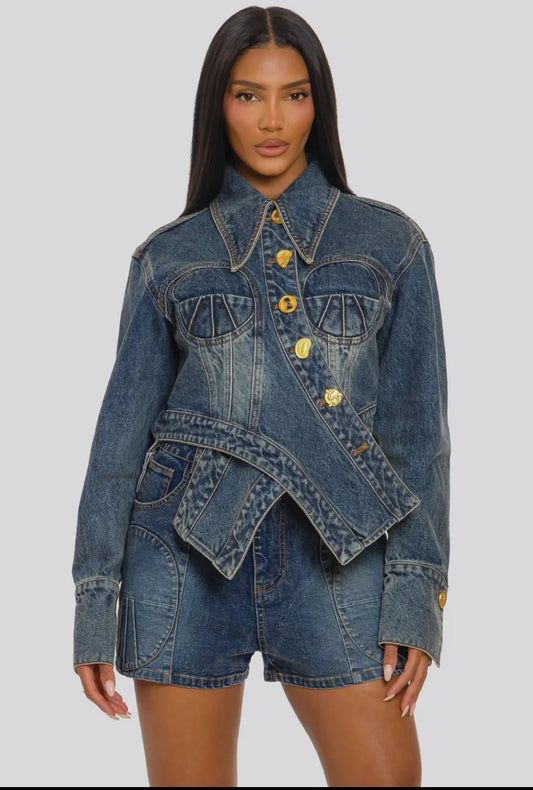 SCULPTED DENIM CORSET JACKET & SHORT SET