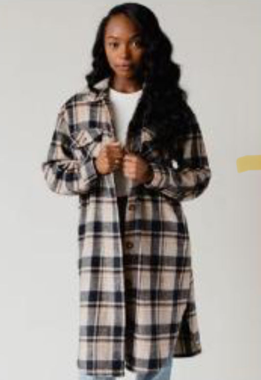 Modern Brown & Navy Plaid Long Jacket