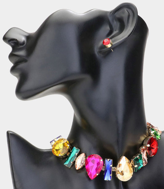 Irregular Multi Color Stone Cluster Necklace Set