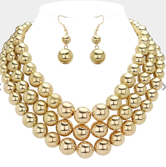 Gold Metal Ball Beaded Triple Layered Statement Necklace