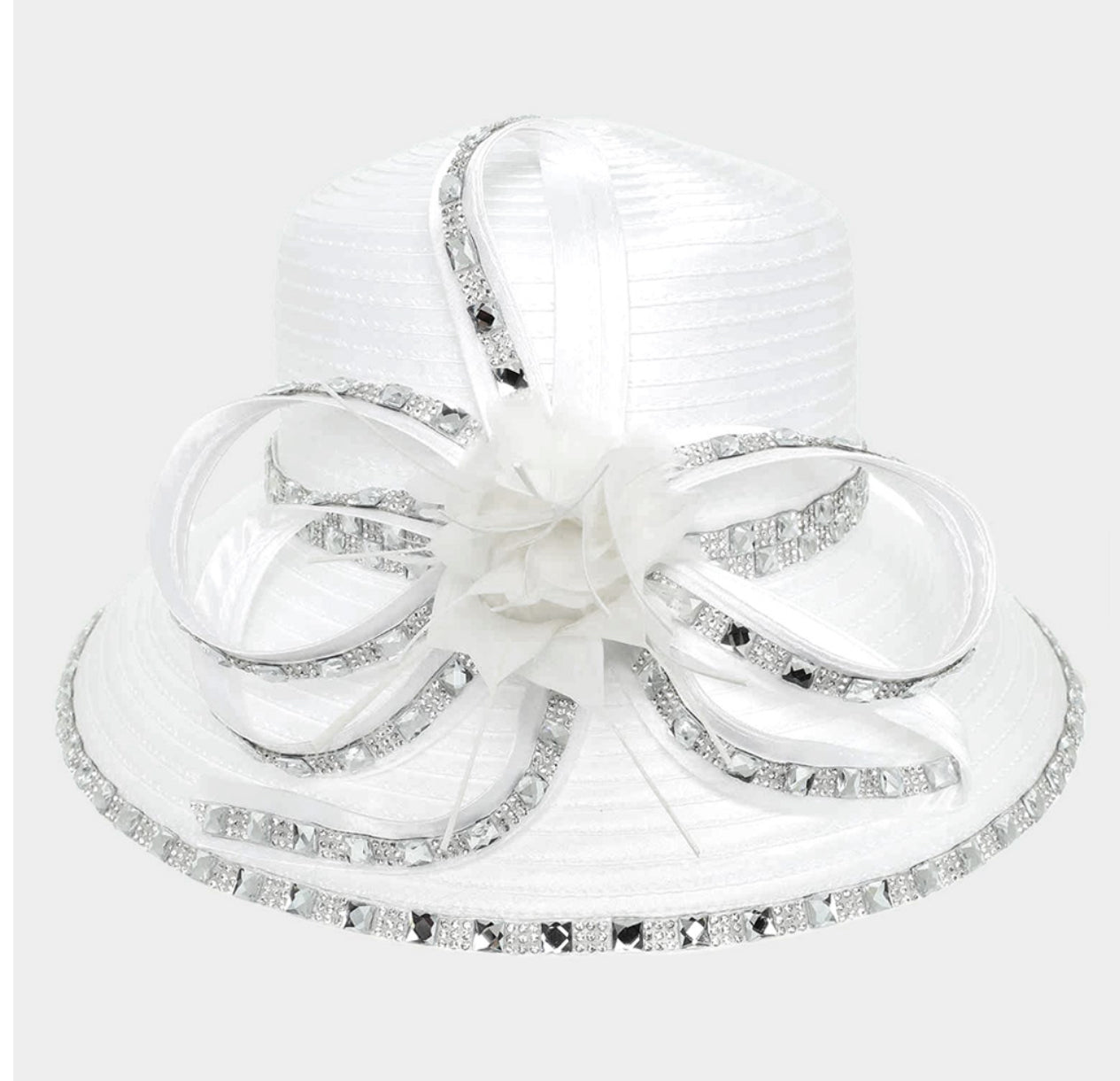 White Rhinestone Rim Embellished Flower Bow Pointed Dressy Hat Style