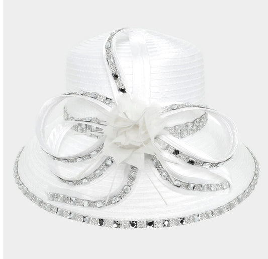 White Rhinestone Rim Embellished Flower Bow Pointed Dressy Hat Style
