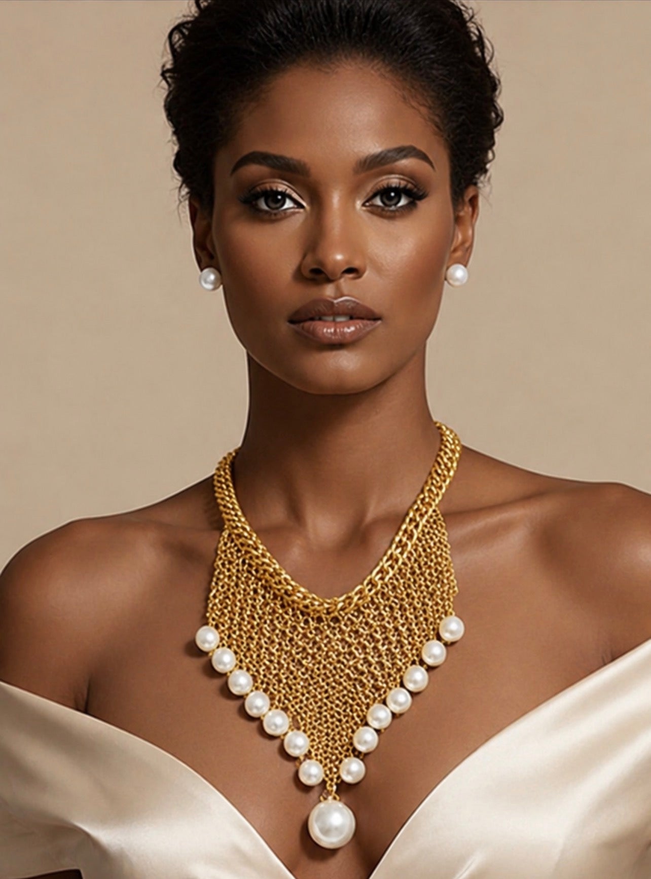 Bold Oversized Pearl Mesh Statement Necklace