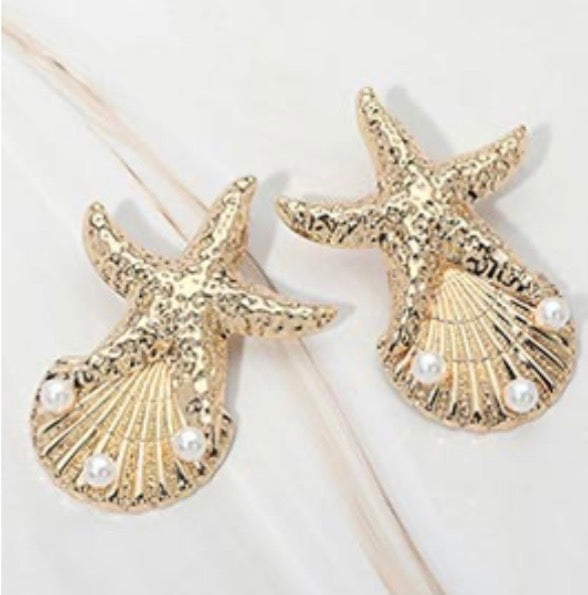 Pearl Accent Textured Starfish Shell Earrings