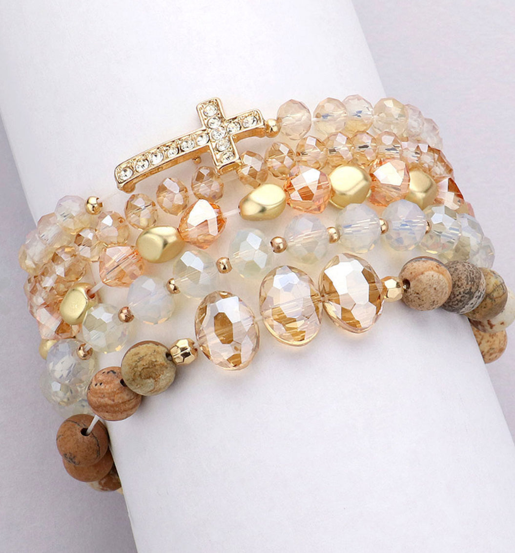 5PCS - Stone Paved Cross Faceted Beaded Multi Layered Bracelets