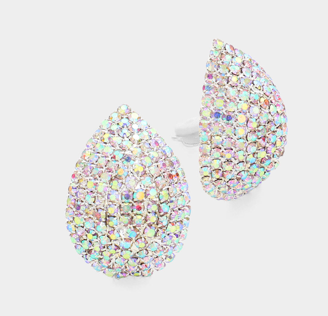 Crystal Rhinestone Teardrop Dome Clip Earrings