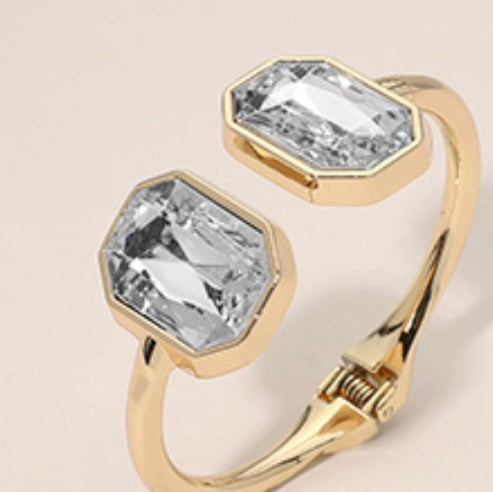 Bold Geometric Gem Tip Hinged Bangle Cuff Bracelet