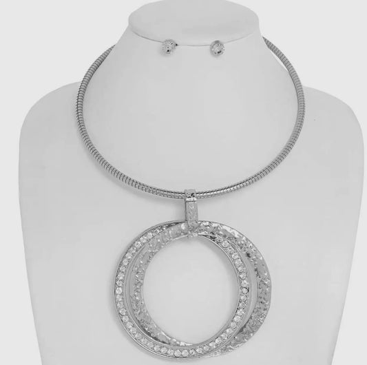 Stone Embellished Double Open Metal Circle Pendant