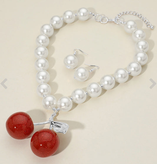 Chunky Cherry Charm Pendant Accent Pearl Beaded Statement Necklace