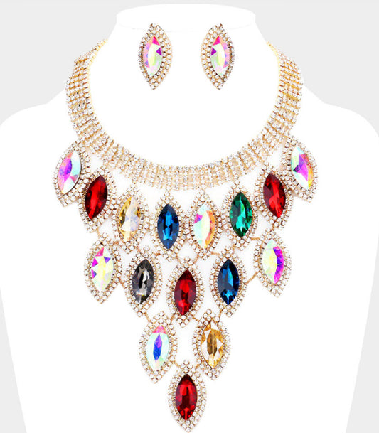 Multi Color Rhinestone Pave Oval Stone Cluster Vine Necklace