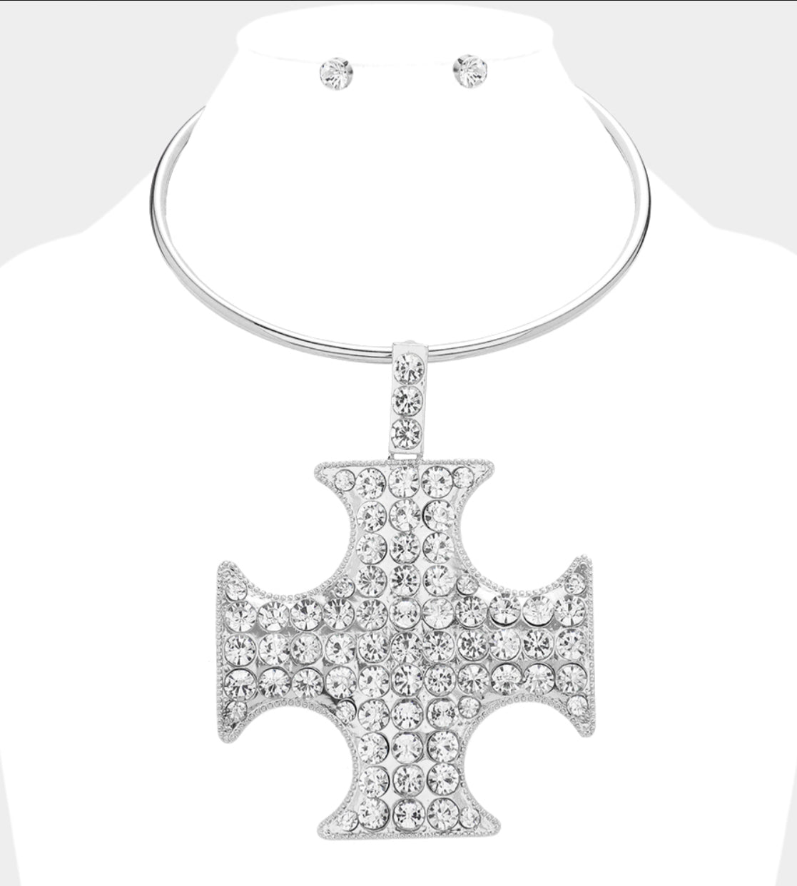 Stone Paved Cross Pendant Pointed Statement Necklace