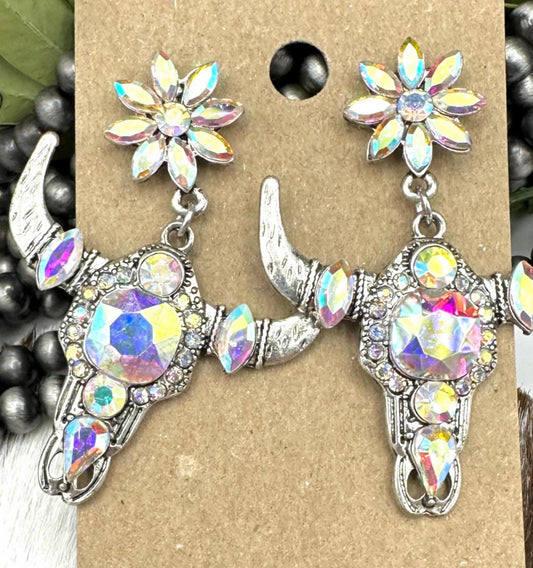 WESTERN RHINESTONE LONG HORN EARRINGS