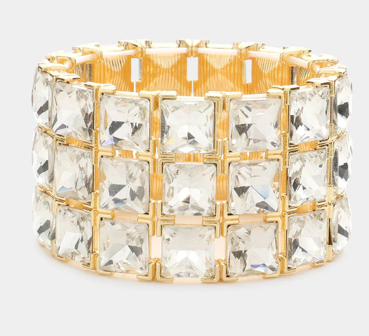 Gold 3ROWS SQUARE STONE STRETCH BRACELET