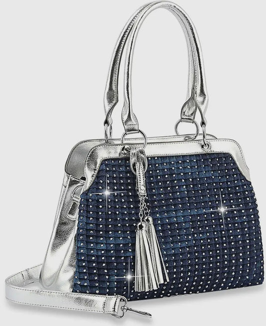 Blue Silver Rhinestone Tote Bag