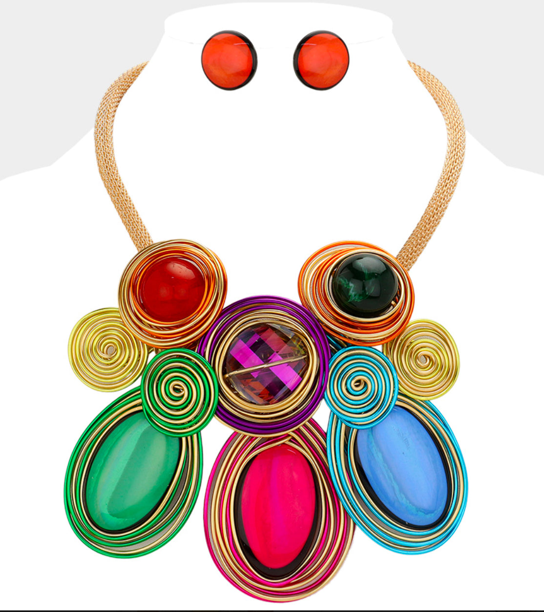 Multi Color Oversized Stone Swirl Metal Wire Statement Necklace