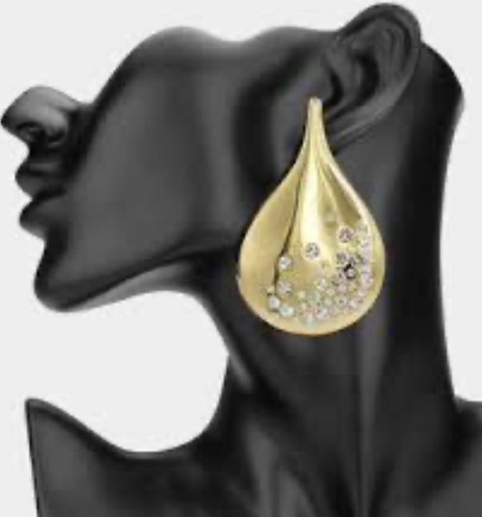 Gold Oversized Stone Paved Teardrop Earrings