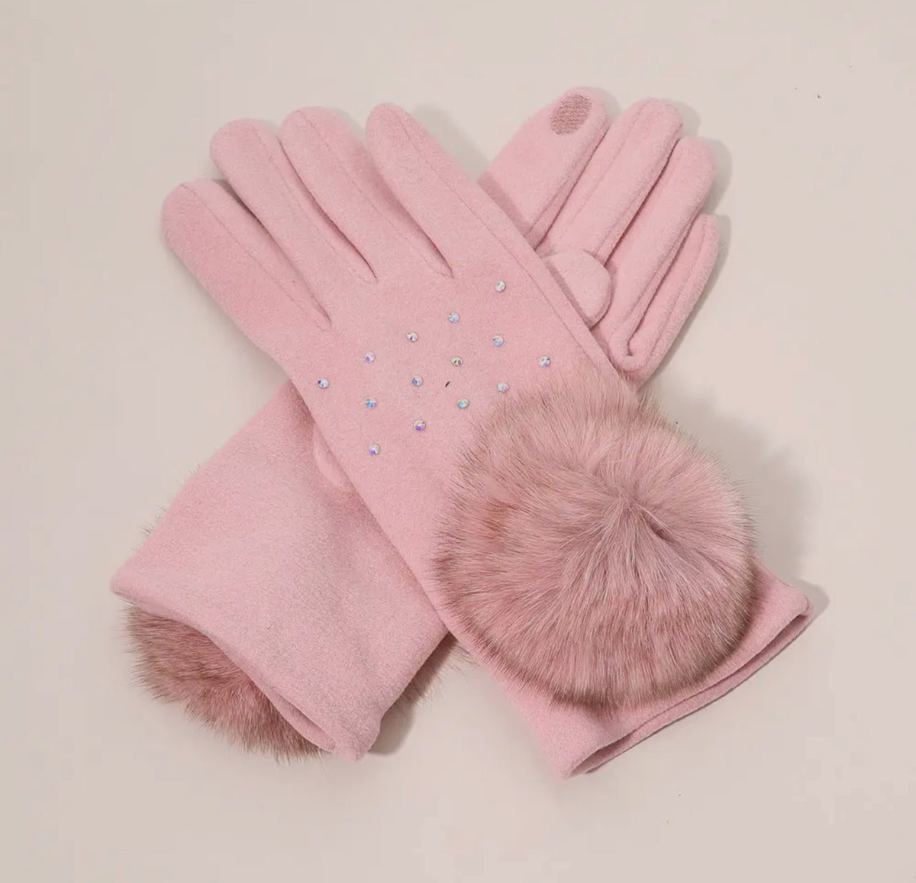 Faux Fur Gloves Cuff Pom w/Rhinestone