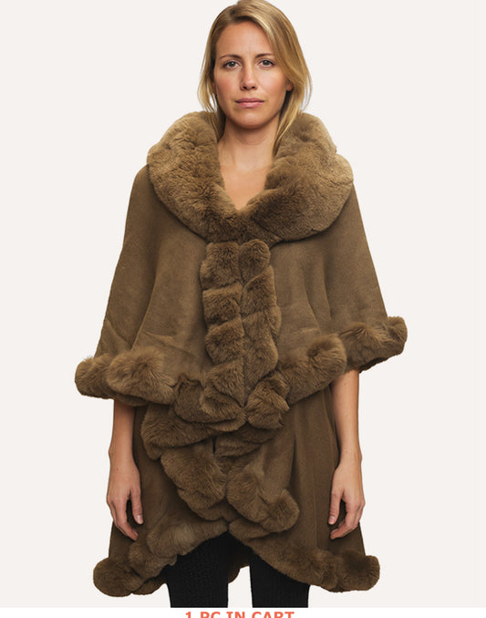 Elegant Faux Fur Trim Cape Poncho