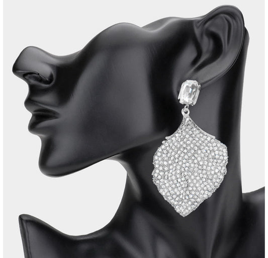 Silver Rhinestone Embellished Leaf Dangle Earrings