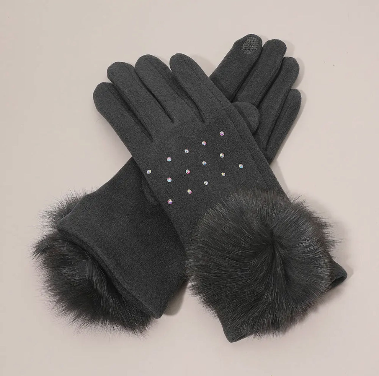 Faux Fur Gloves w/Rhinestone