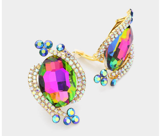 Oval Crystal Rhinestone Clip on Earrings