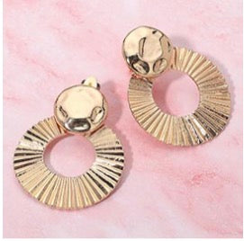 Bold Textured Round Disc Drop Clip On Earrings