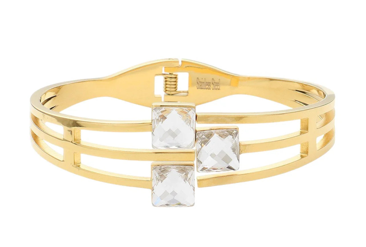 Stainless Steel Triple Square Stone Pointed Hinged Bangle Bracelet