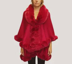 Elegant Faux Fur Trim Cape Poncho