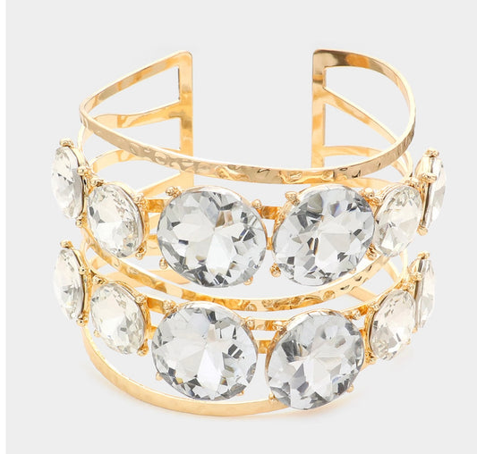 Round Stone Cluster Split Metal Cuff  Bracelet