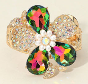 Glass Stone Pearl Embellished Flower Hinged Bracelet
