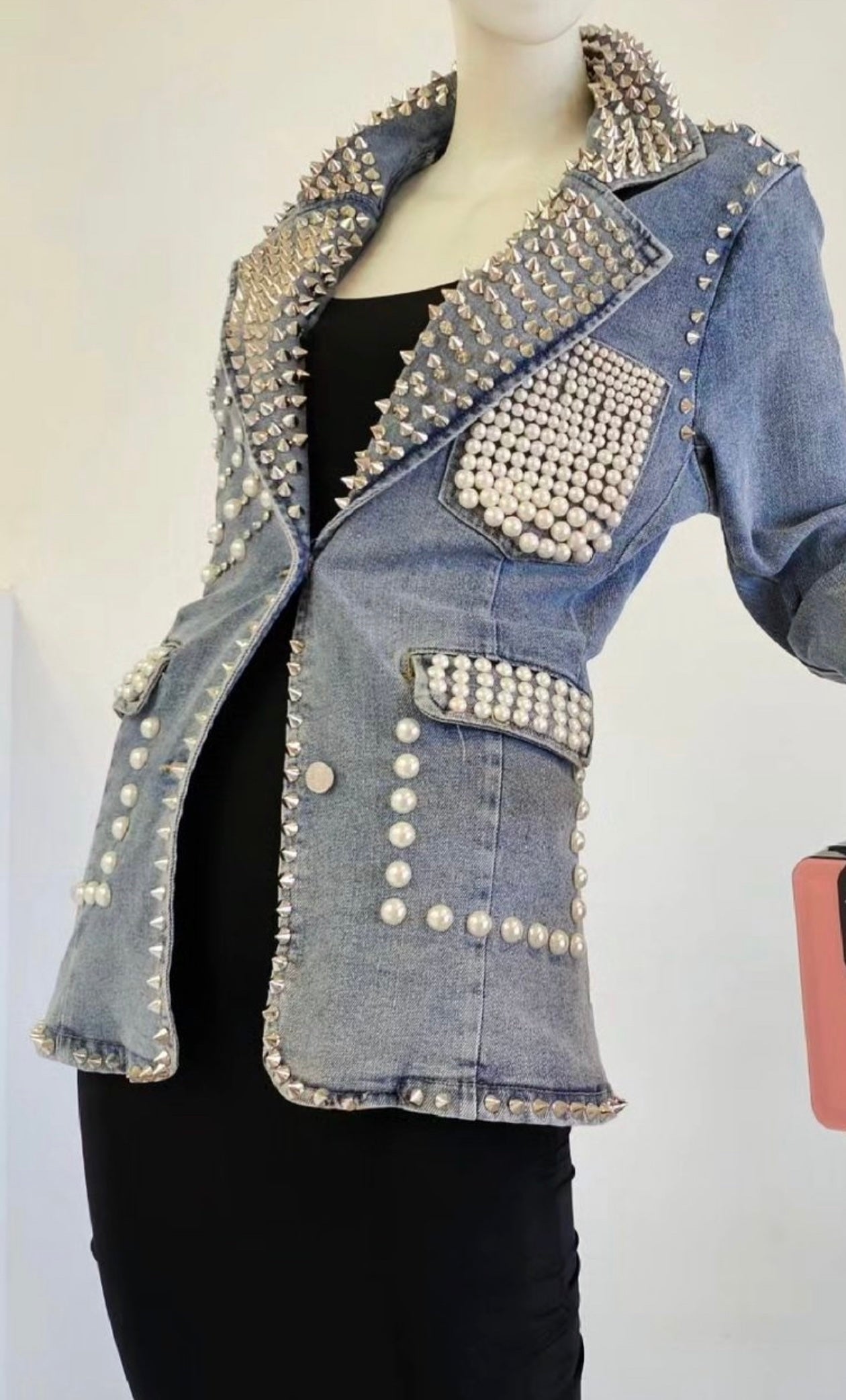 Demi Denim Pearls and Rhinestone Blazer